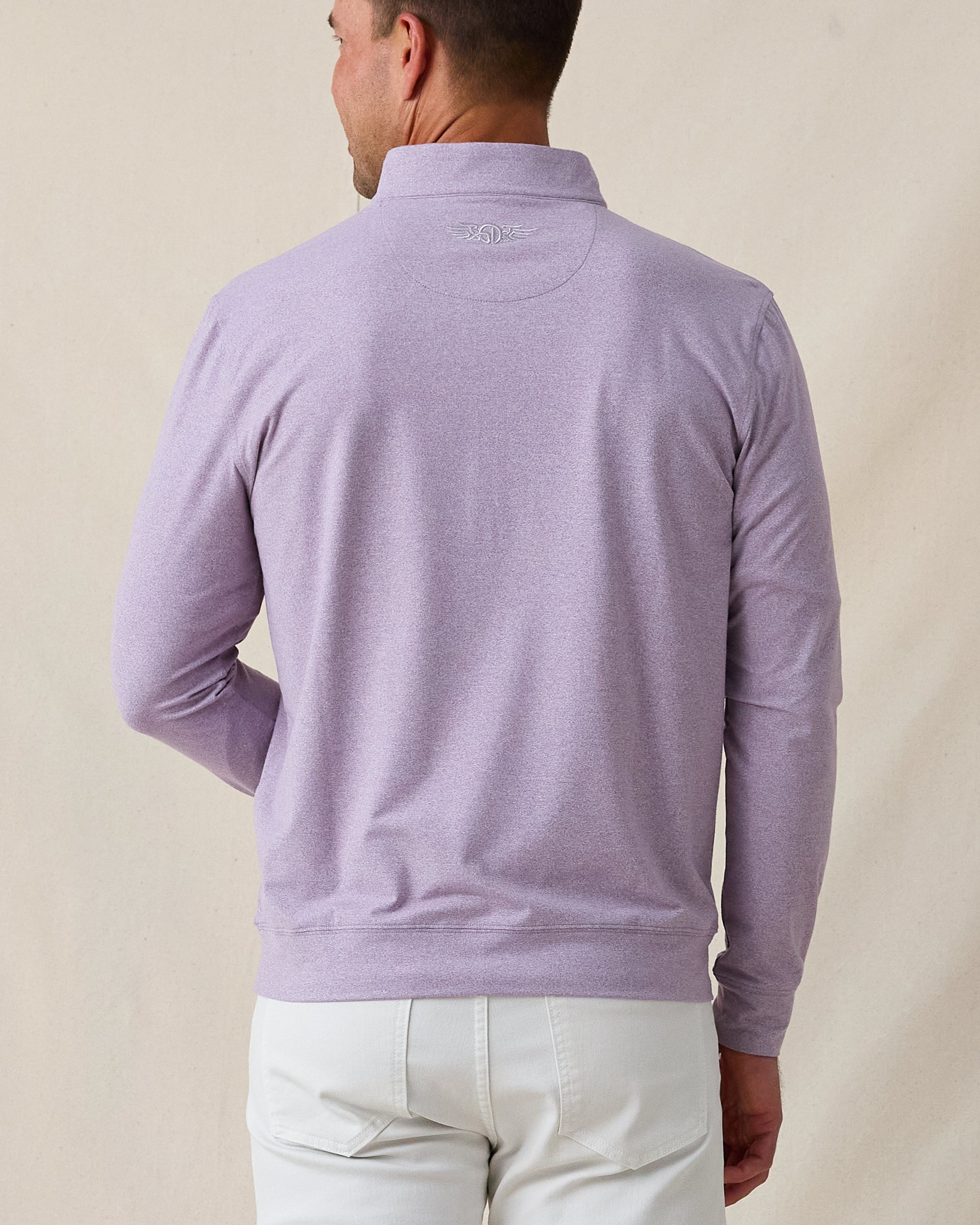 Ballard Quarter-Zip in mulberry, back view showing collar and embroidered logo detail