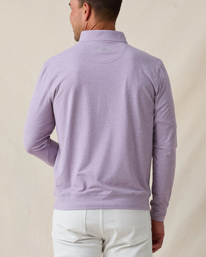 Ballard Quarter-Zip in mulberry, back view showing collar and embroidered logo detail