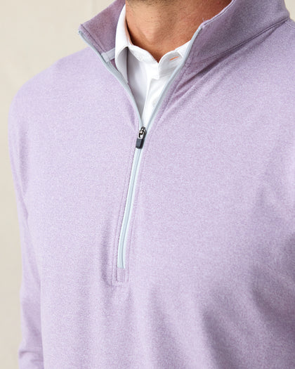 Ballard Quarter-Zip in mulberry, close-up of quarter-zip collar and soft fabric texture