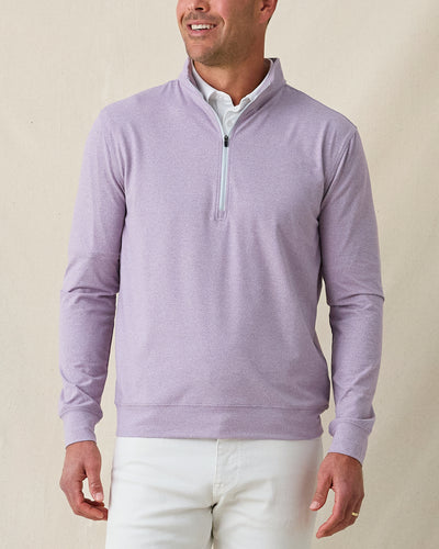 Man wearing Ballard Quarter-Zip in mulberry, front view styled with light pants