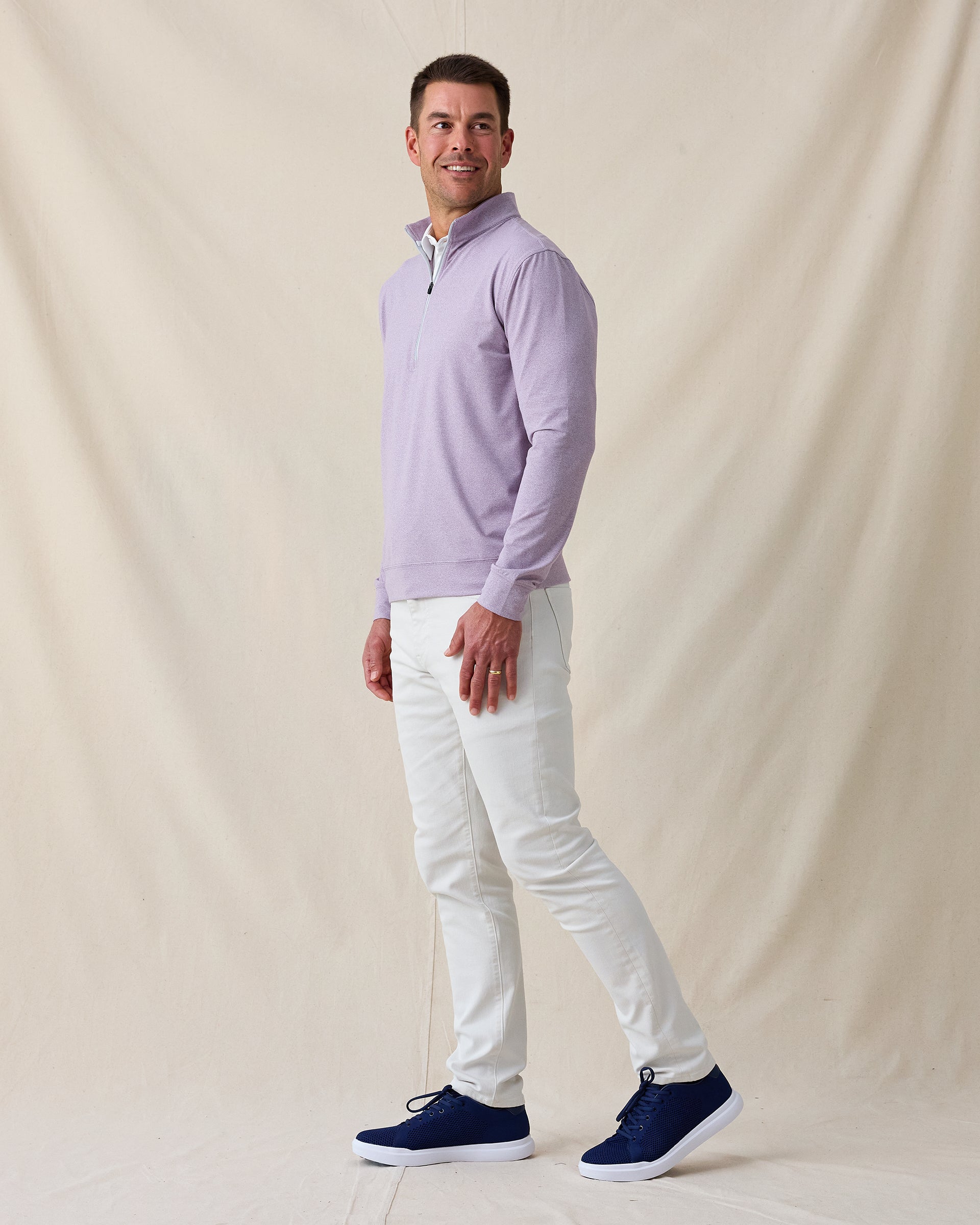 Man wearing Ballard Quarter-Zip in mulberry, full outfit view with casual styling