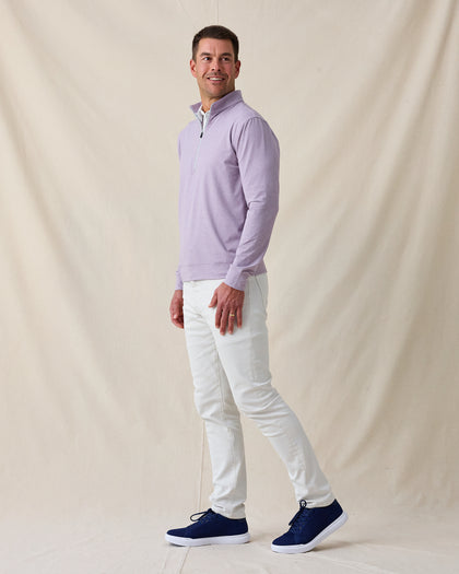 Man wearing Ballard Quarter-Zip in mulberry, full outfit view with casual styling