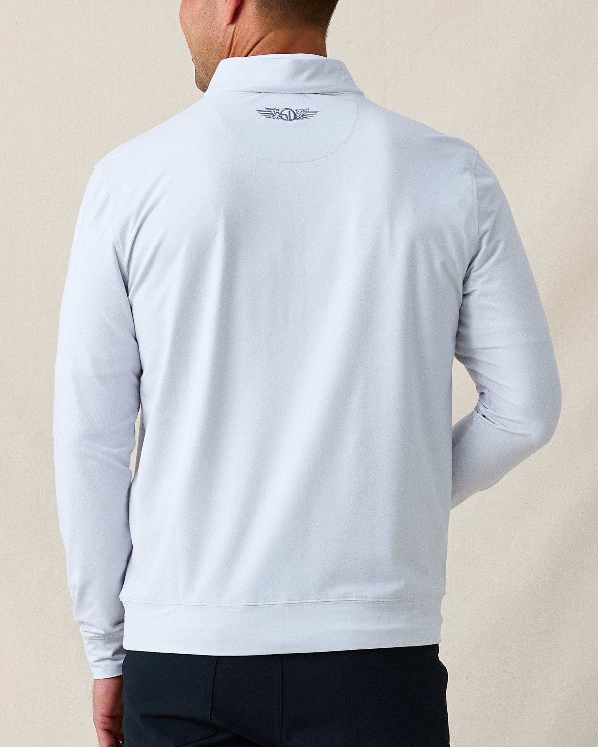 Ballard Quarter-Zip in silver, back view showing collar and embroidered logo detail