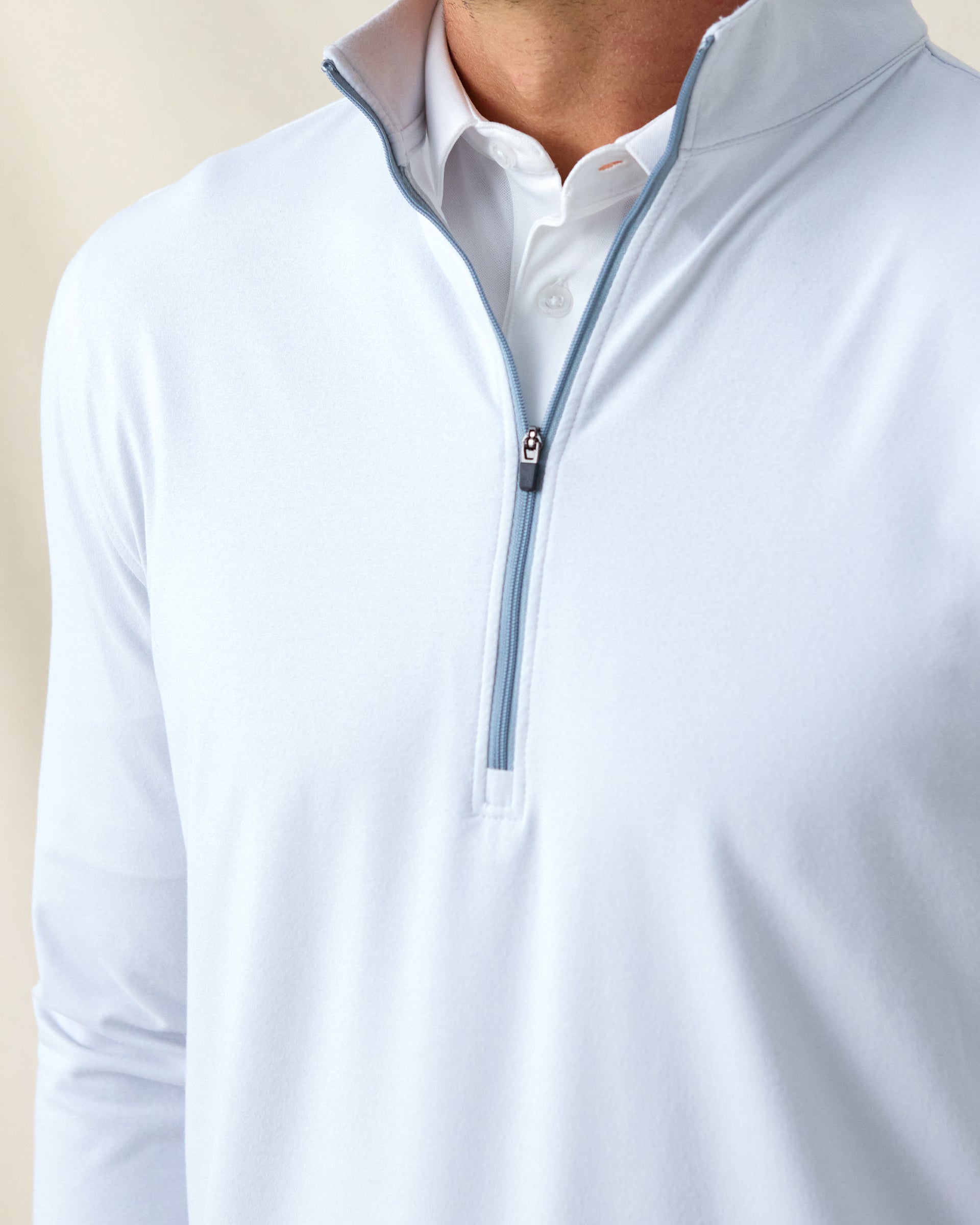 Ballard Quarter-Zip in silver, close-up of quarter-zip collar and soft fabric texture