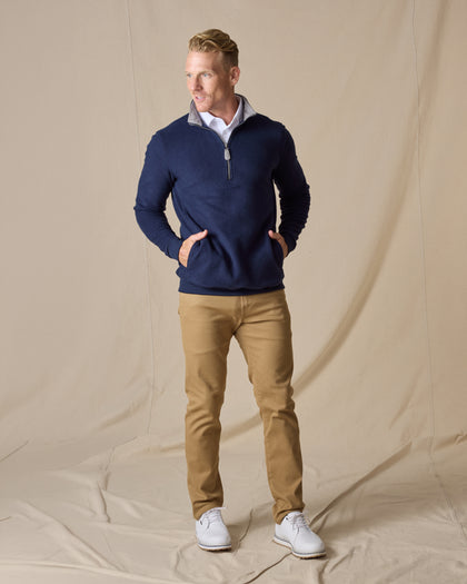 Major Quarter Zip in indigo blue, full outfit styled with khaki pants
