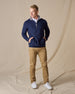 Major Quarter Zip in indigo blue, full outfit styled with khaki pants
