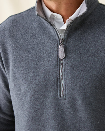 Major Quarter Zip in dark charcoal grey, zipper and collar detail view