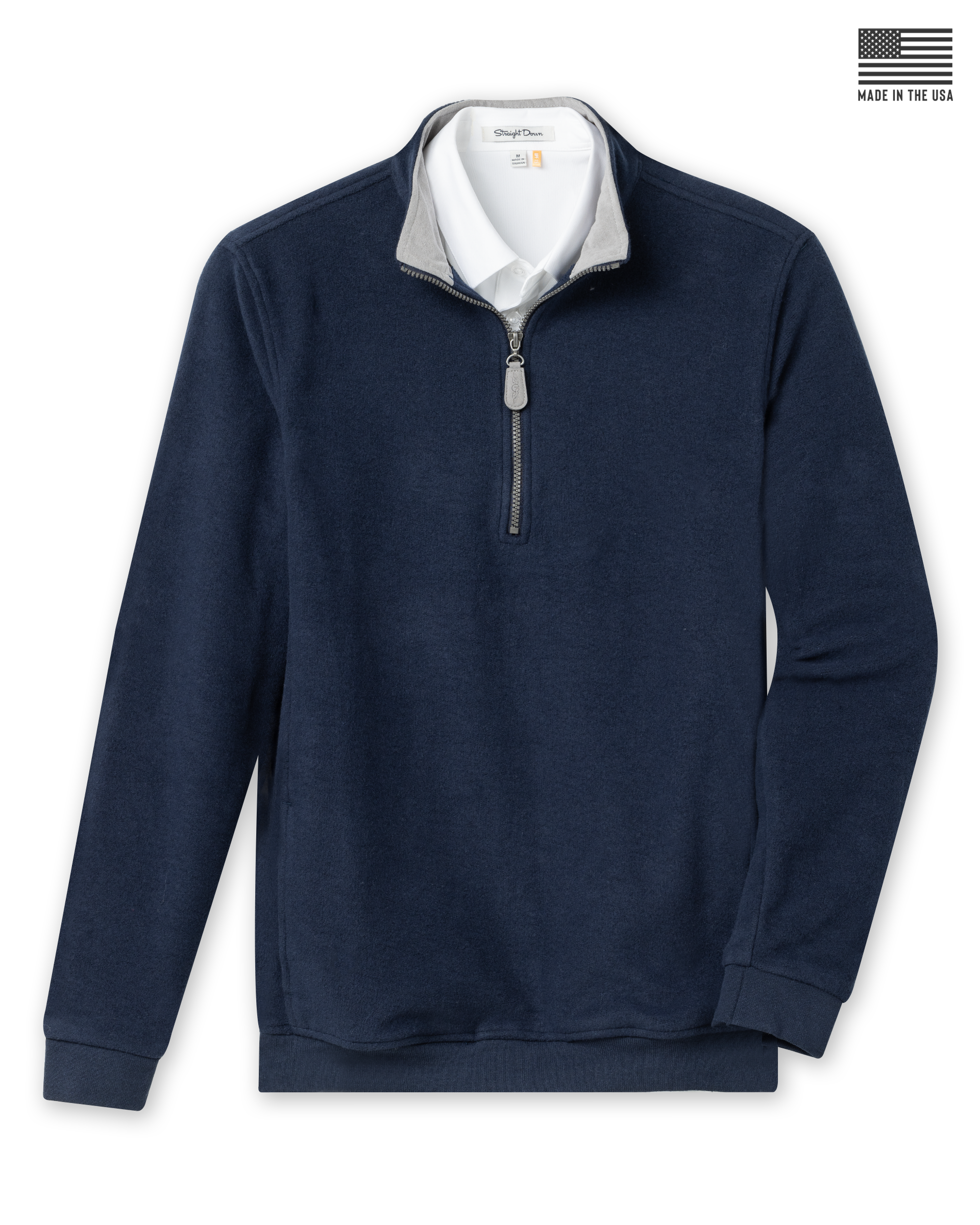 Major Quarter Zip in indigo blue, front product flat lay view