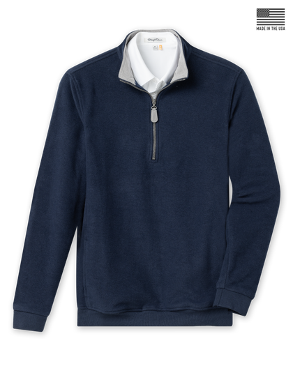 Major Quarter Zip in indigo blue, front product flat lay view