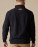 Men's Foothill V2 Placket in Black, on-model back view featuring black fleece fabric and oval Straight Down logo patch at upper back