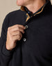 Men's Foothill V2 Placket in Black, close-up front detail view featuring black fleece fabric, three-button placket with gold suede inner placket trim and engraved Straight Down buttons