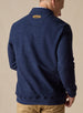 Men's Foothill V2 Placket in Indigo, on-model back view featuring navy fleece fabric and oval Straight Down logo patch at upper back