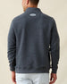 Men's Foothill V2 Placket in Charcoal, back view on model showcasing charcoal heathered fleece pullover with Straight Down logo patch at the back collar, styled with light grey pants