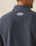 Men's Foothill V2 Placket in Charcoal, close-up back detail view of the Straight Down logo patch centered at the back collar on charcoal heathered fleece