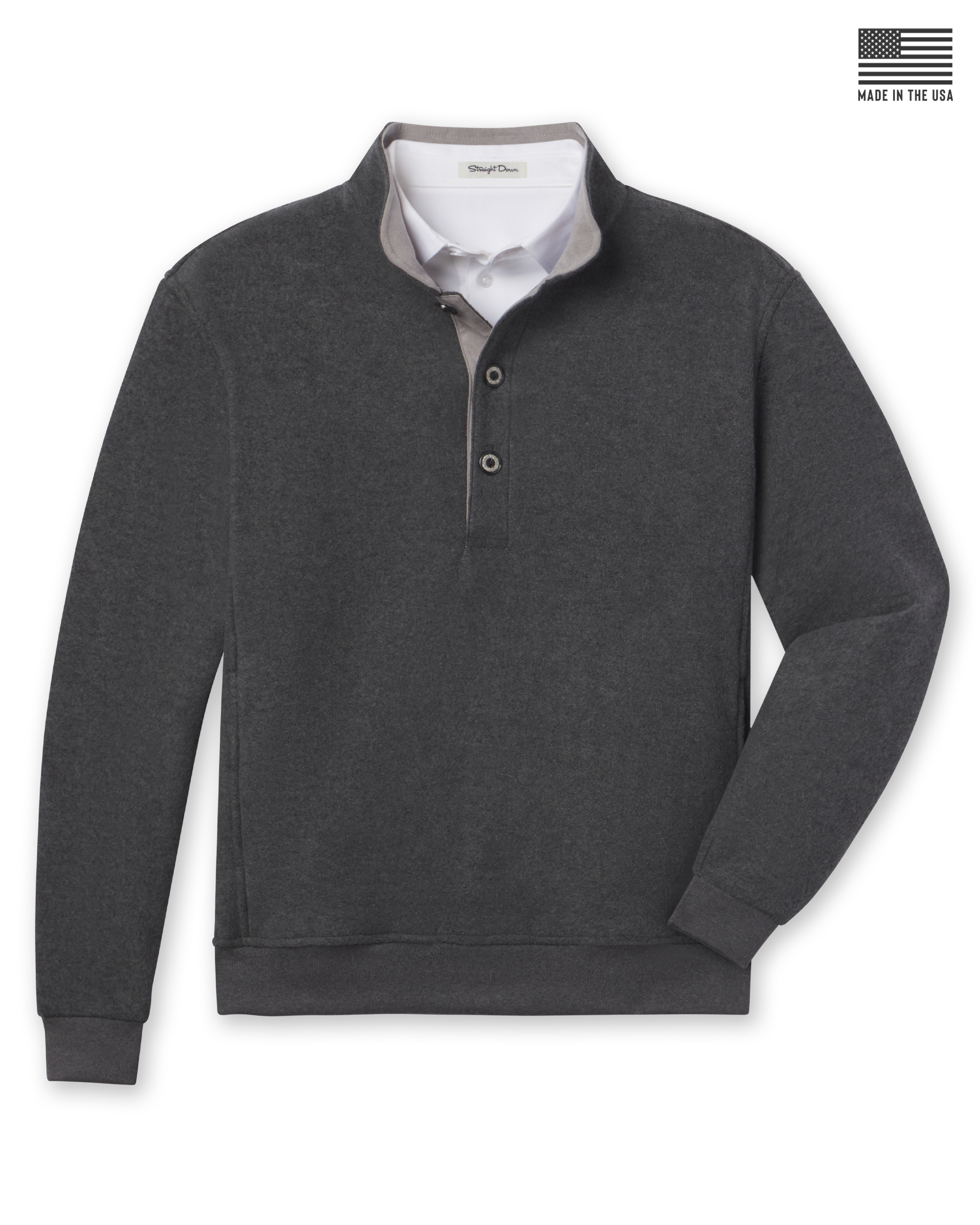 Men's Foothill V2 Placket in Charcoal, flat lay front view featuring a solid fleece construction with a button placket, stand-up collar with grey interior, ribbed cuffs and hem, layered over a white collared shirt