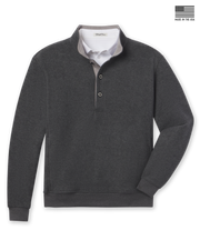 Men's Foothill V2 Placket in Charcoal, flat lay front view featuring a solid fleece construction with a button placket, stand-up collar with grey interior, ribbed cuffs and hem, layered over a white collared shirt
