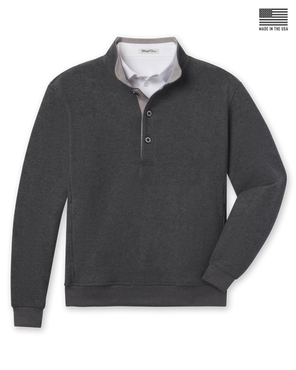 Men's Foothill V2 Placket in Charcoal, flat lay front view featuring a solid fleece construction with a button placket, stand-up collar with grey interior, ribbed cuffs and hem, layered over a white collared shirt
