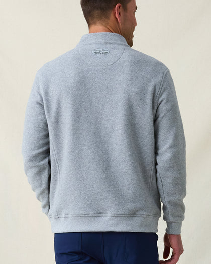 Men's Foothill V2 Placket in Heather, back view on model showcasing grey heathered fleece pullover with Straight Down logo patch at the back collar, styled with navy pants