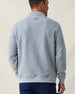Men's Foothill V2 Placket in Heather, back view on model showcasing grey heathered fleece pullover with Straight Down logo patch at the back collar, styled with navy pants