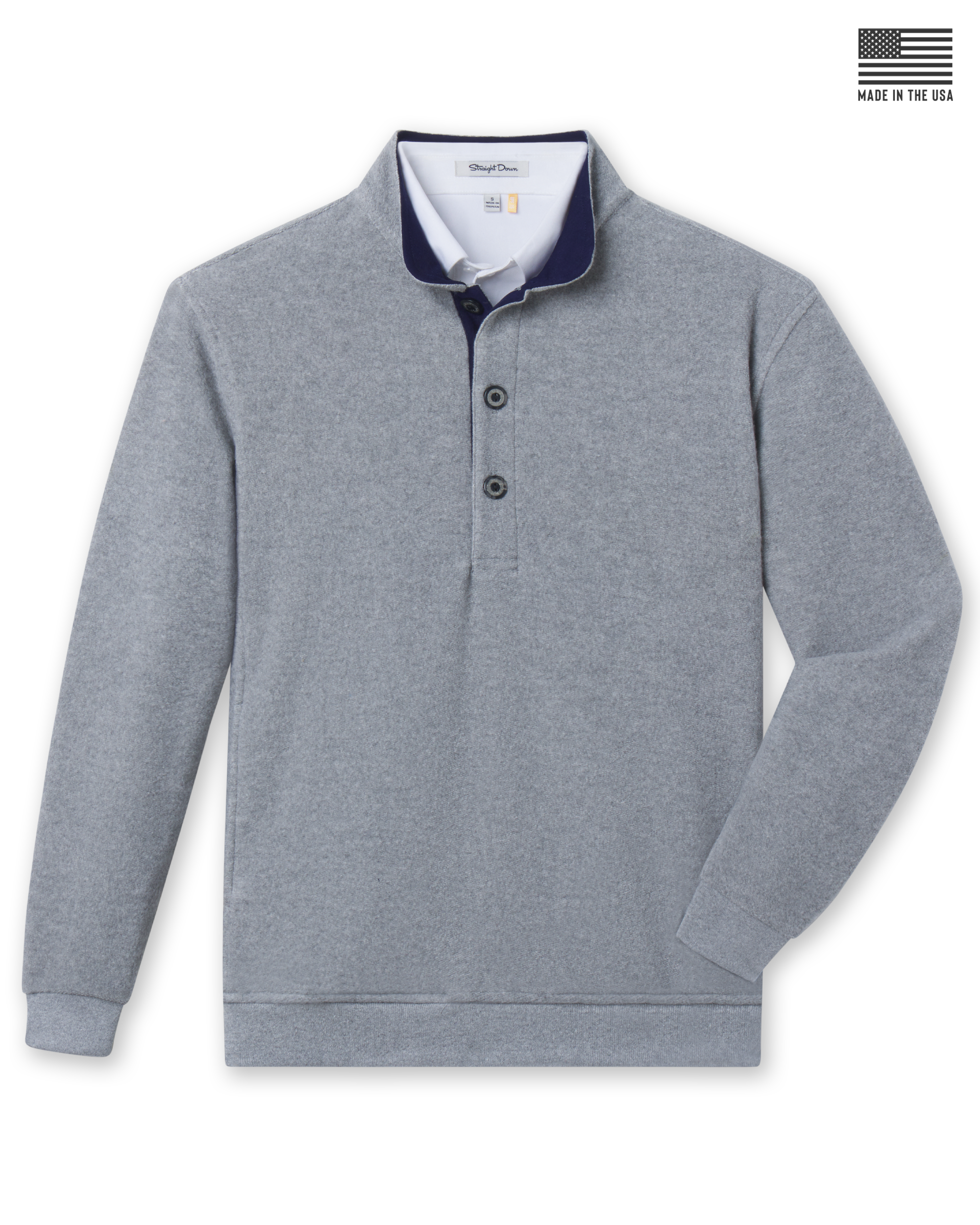Men's Foothill V2 Placket in Heather, flat lay front view featuring a heathered fleece construction with a button placket, stand-up collar with navy interior, ribbed cuffs and hem, layered over a white collared shirt