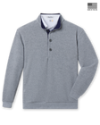 Men's Foothill V2 Placket in Heather, flat lay front view featuring a heathered fleece construction with a button placket, stand-up collar with navy interior, ribbed cuffs and hem, layered over a white collared shirt