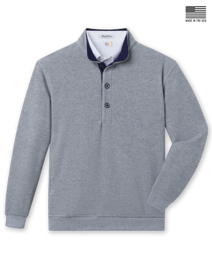 Men's Foothill V2 Placket in Heather, flat lay front view featuring a heathered fleece construction with a button placket, stand-up collar with navy interior, ribbed cuffs and hem, layered over a white collared shirt