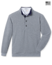 Men's Foothill V2 Placket in Heather, flat lay front view featuring a heathered fleece construction with a button placket, stand-up collar with navy interior, ribbed cuffs and hem, layered over a white collared shirt