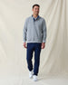 Men's Foothill V2 Placket in Heather, full-length front view on model featuring a grey heathered fleece pullover with snap button placket and mock collar with navy interior, styled with navy pants and white shoes