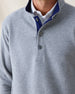Men's Foothill V2 Placket in Heather, close-up detail view of the snap button placket and mock collar with navy interior on grey heathered fleece, styled over a white collared shirt