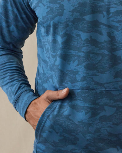 MacKenzie Hoodie in Petrol Camouflage Blue, pocket seam and hem detail view