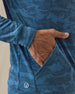 MacKenzie Hoodie in Petrol Camouflage Blue, kangaroo pocket detail view