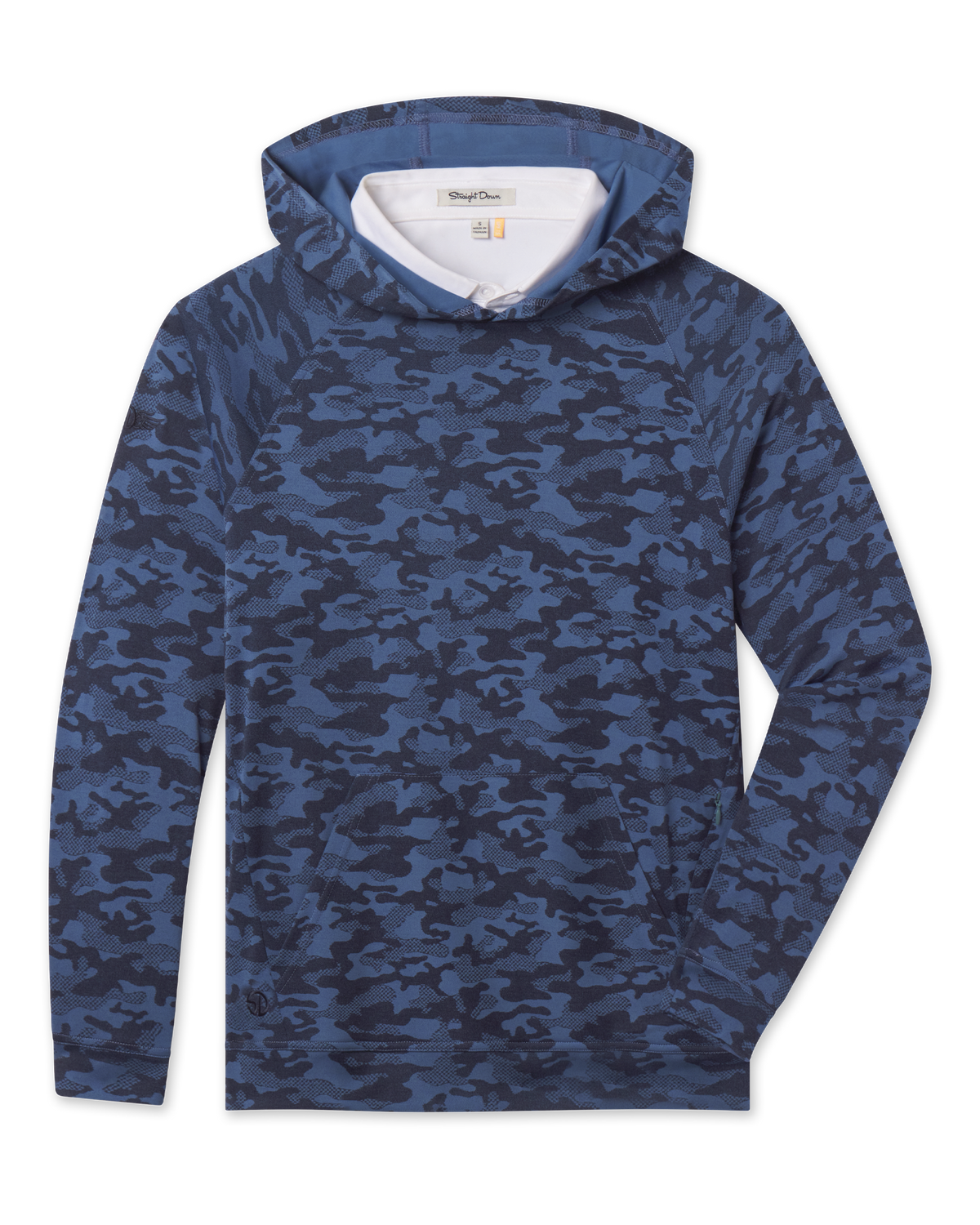 Front product view of the Mackenzie Hoodie in Moonlight, featuring an allover blue camouflage pattern, pullover hood, long sleeves, and kangaroo pocket.