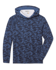 Front product view of the Mackenzie Hoodie in Moonlight, featuring an allover blue camouflage pattern, pullover hood, long sleeves, and kangaroo pocket.