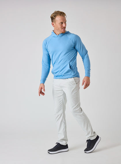MacKenzie Hoodie in Ocean Blue, full outfit styled with light pants and dark shoes