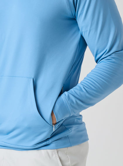 MacKenzie Hoodie in Ocean Blue, kangaroo pocket detail view
