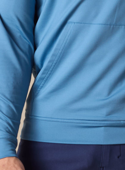 MacKenzie Hoodie in Petrol Blue, pocket seam and hem detail view