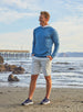 MacKenzie Hoodie in Petrol Blue, beach lifestyle full outfit styled with light shorts