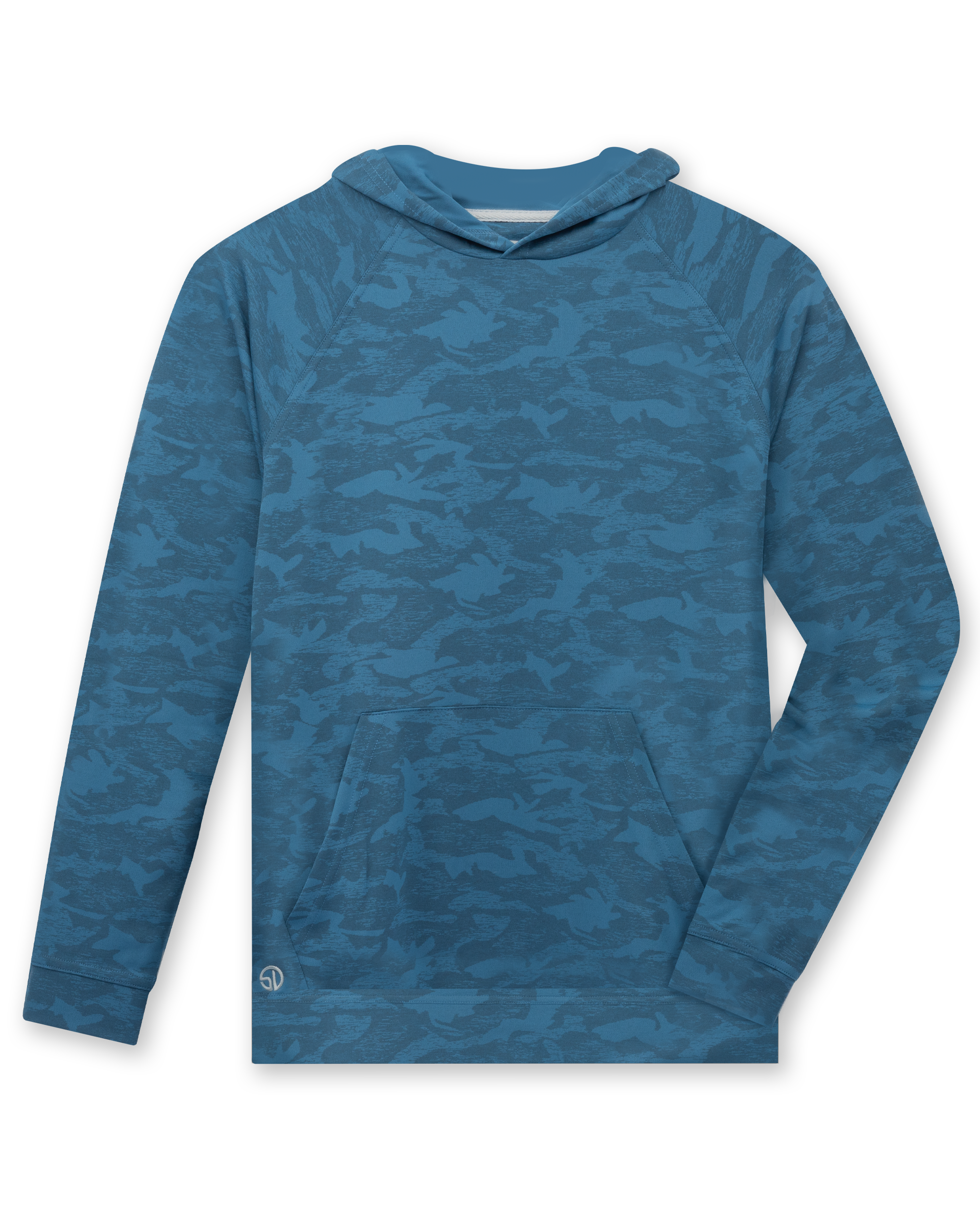 MacKenzie Hoodie in Petrol Camouflage Blue, front flat lay view
