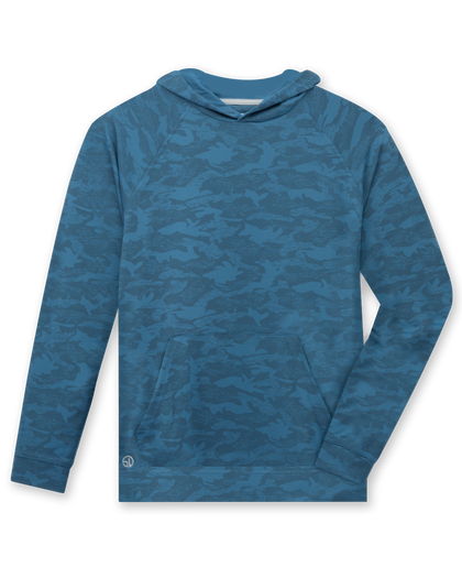 MacKenzie Hoodie in Petrol Camouflage Blue, front flat lay view