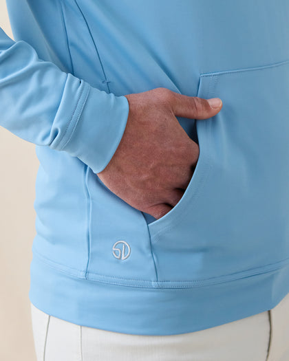 MacKenzie Hoodie in Coastal Blue, hand in kangaroo pocket detail view