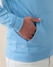 MacKenzie Hoodie in Coastal Blue, hand in kangaroo pocket detail view