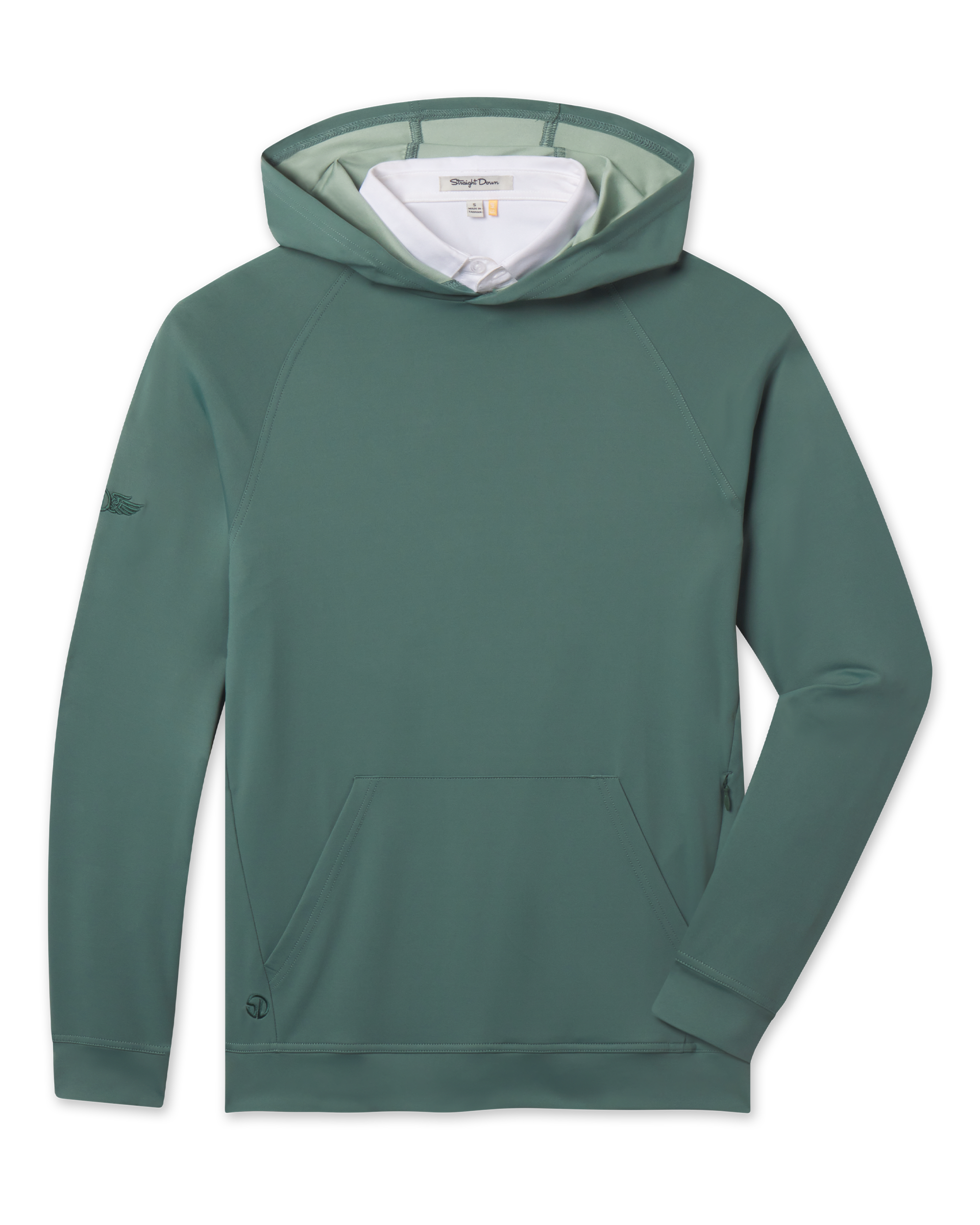 Front view of the Mackenzie Hoodie in Dark Forest featuring a pullover hood, raglan sleeves, front kangaroo pocket, and tonal logo details.