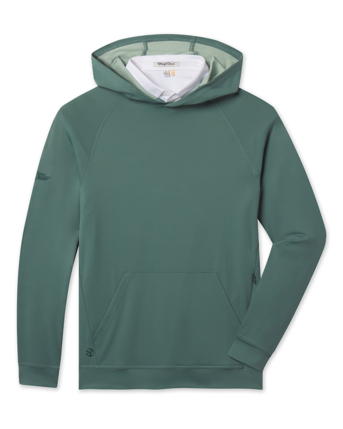 Front view of the Mackenzie Hoodie in Dark Forest featuring a pullover hood, raglan sleeves, front kangaroo pocket, and tonal logo details.