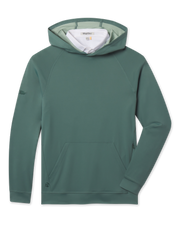 Front view of the Mackenzie Hoodie in Dark Forest featuring a pullover hood, raglan sleeves, front kangaroo pocket, and tonal logo details.
