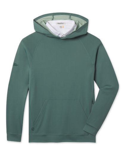 Front view of the Mackenzie Hoodie in Dark Forest featuring a pullover hood, raglan sleeves, front kangaroo pocket, and tonal logo details.
