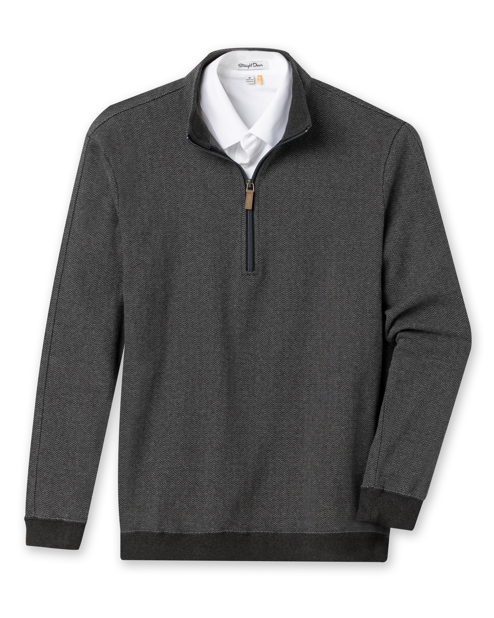 Men's Harrison Quarter Zip in Black, flat lay front view featuring a charcoal herringbone knit body with ribbed cuffs and hem and quarter-zip closure with leather pull tab, layered over a white collared shirt