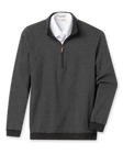 Men's Harrison Quarter Zip in Black, flat lay front view featuring a charcoal herringbone knit body with ribbed cuffs and hem and quarter-zip closure with leather pull tab, layered over a white collared shirt