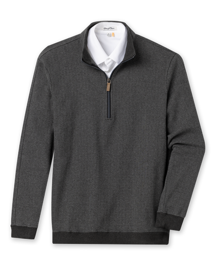 Men's Harrison Quarter Zip in Black, flat lay front view featuring a charcoal herringbone knit body with ribbed cuffs and hem and quarter-zip closure with leather pull tab, layered over a white collared shirt