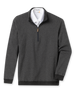 Men's Harrison Quarter Zip in Black, flat lay front view featuring a charcoal herringbone knit body with ribbed cuffs and hem and quarter-zip closure with leather pull tab, layered over a white collared shirt