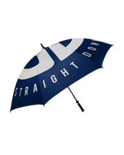 Straight Down Logo Umbrella in Indigo, angled view showing navy and white canopy with Straight Down text along the panels and black handle